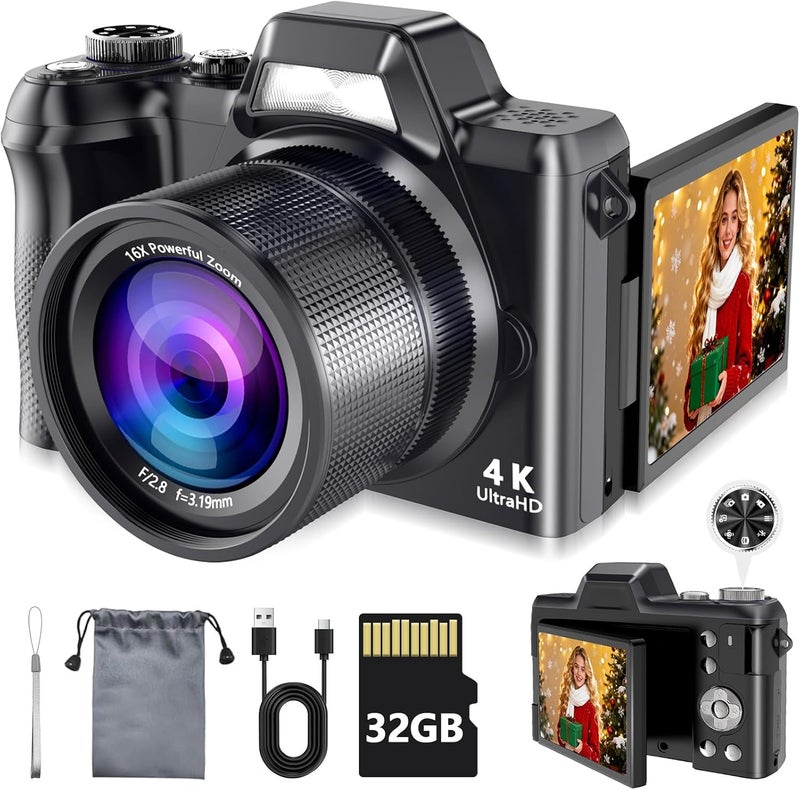 Kasukani كاميرا رقمية 4K للتصوير والفلوغينغ، كاميرات رقمية 56MP بنقطة وإطلاق مع شاشة قابلة للطي بزاوية 180°، كاميرا سفر مدمجة 16X زوم، كاميرا محمولة للبالغين والمبتدئين مع بطاقة SD سعة 32GB - Image 1